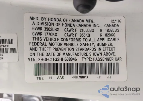 2017 Honda Civic Ex-T from USA, damaged, VIN 2HGFC1F32HH638946